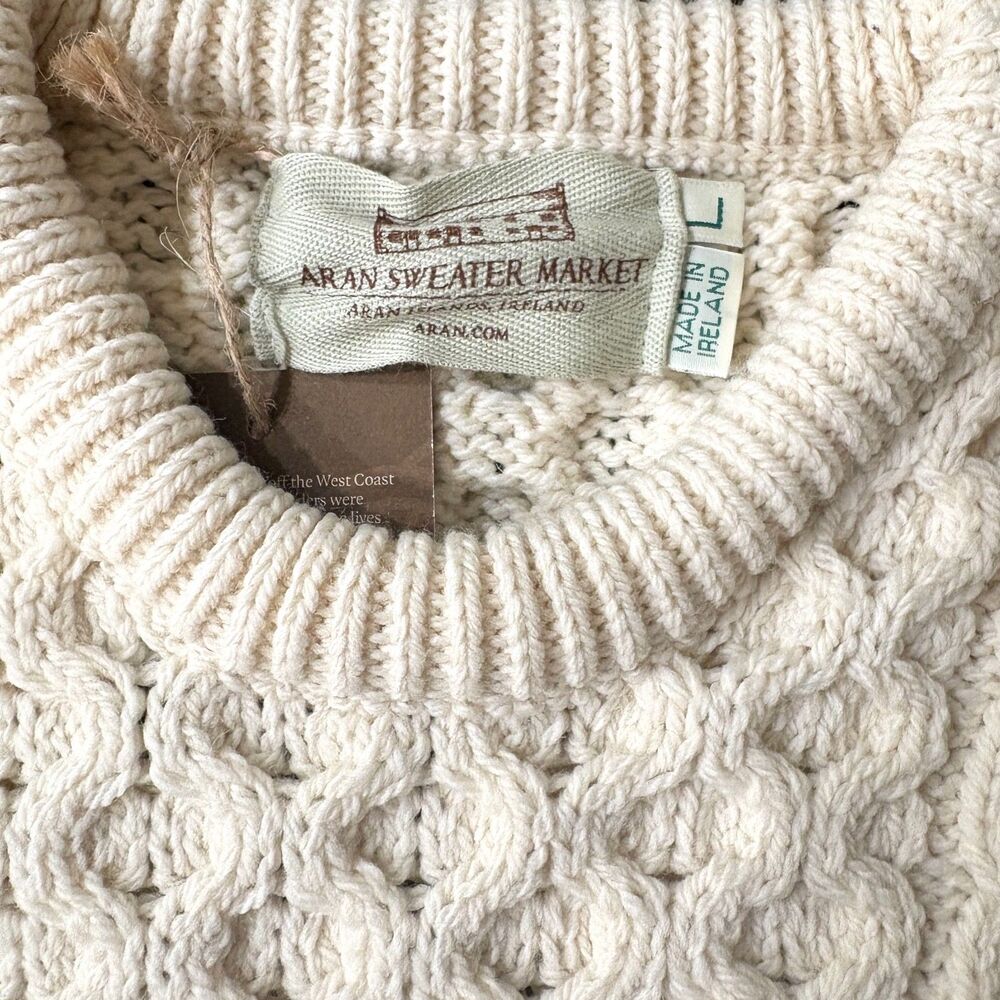 Aran Sweater Market NWT Merino Wool Fisherman Sweater Cable Knit Mens Sz L Ivory - Picture 5 of 10